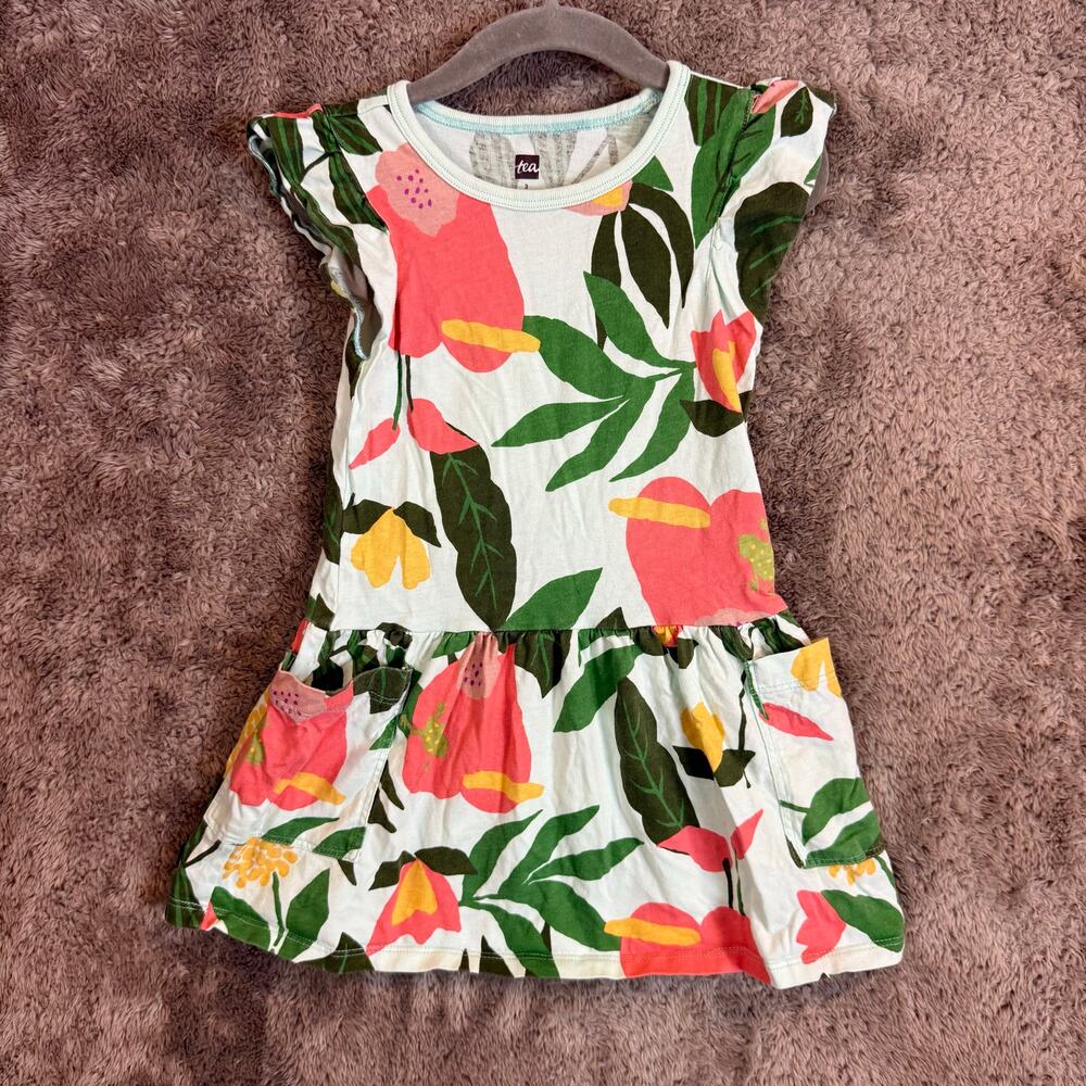 Tea Collection Flutter Sleeve Pocket Dress Floral Tropical Girls 3 3T